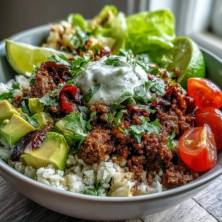 Low Carb Burrito Bowl topped with cheddar, sour cream, and lime wedges for serving