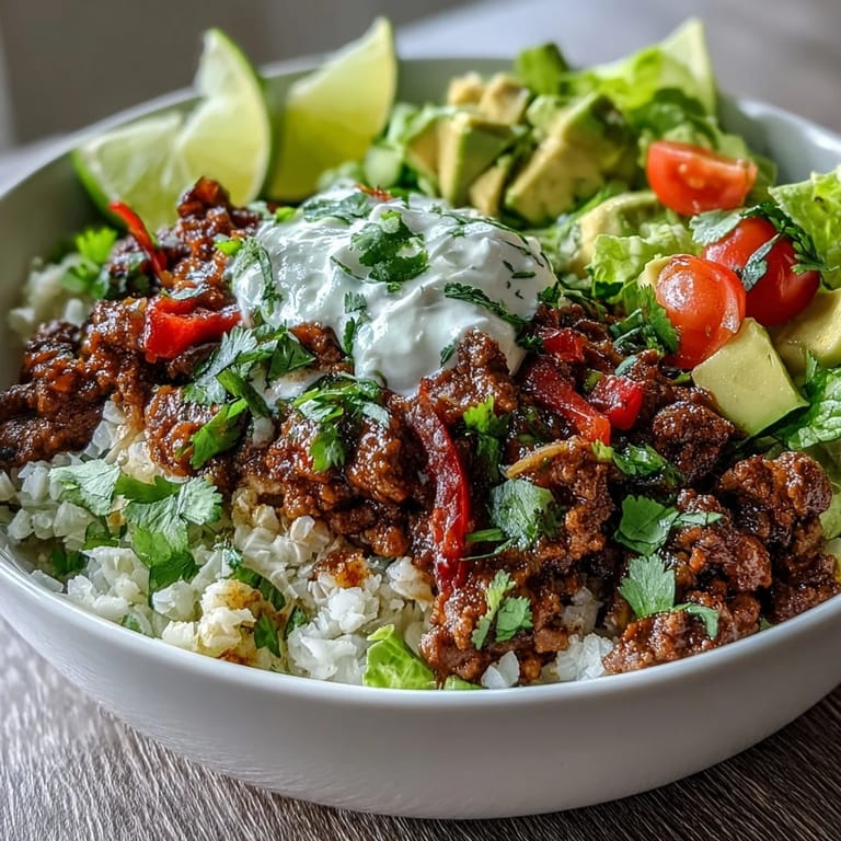 Ground beef Low Carb Burrito Bowl with crisp lettuce, tomatoes, and creamy avocado chunks