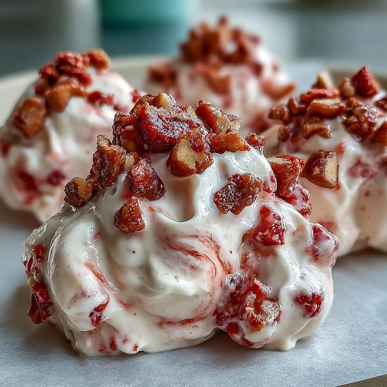Homemade Strawberry & Banana Yoghurt Clusters ready to eat, offering a vegan-friendly, gluten-free frozen dessert with crunchy banana chips and tart strawberry pieces.