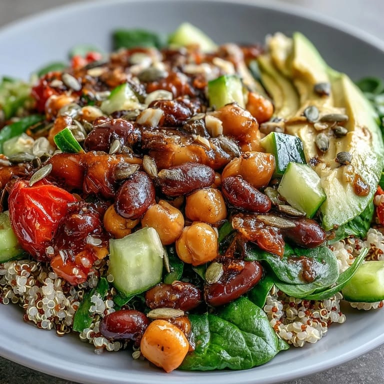 Vibrant Three-Bean Power Bowl featuring chickpeas, black beans, kidney beans, spinach, tomatoes, and toasted seeds on a bed of grains.
