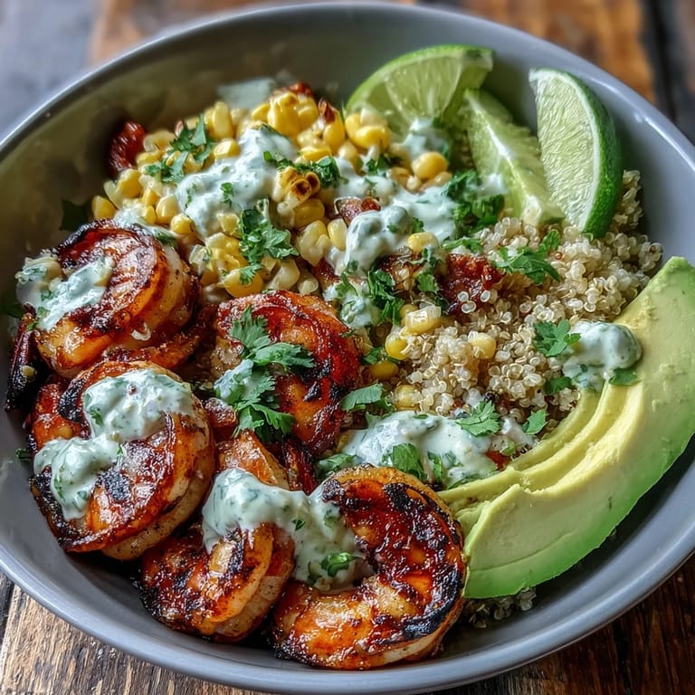 Healthy grilled shrimp bowl featuring avocado, corn salsa, and drizzled garlic sauce, ready for a quick weeknight dinner.