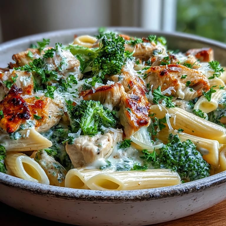 Dampfende Portion Garlic Parmesan Broccoli & Chicken Pasta auf weissem Teller mit Petersilie.
