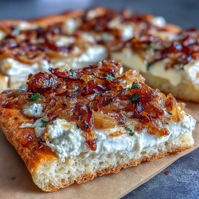 Knuspriger Flammkuchen mit Ziegenkäse, karamellisierten Zwiebeln, Honig und frischem Thymian, angerichtet auf Holzplatte.