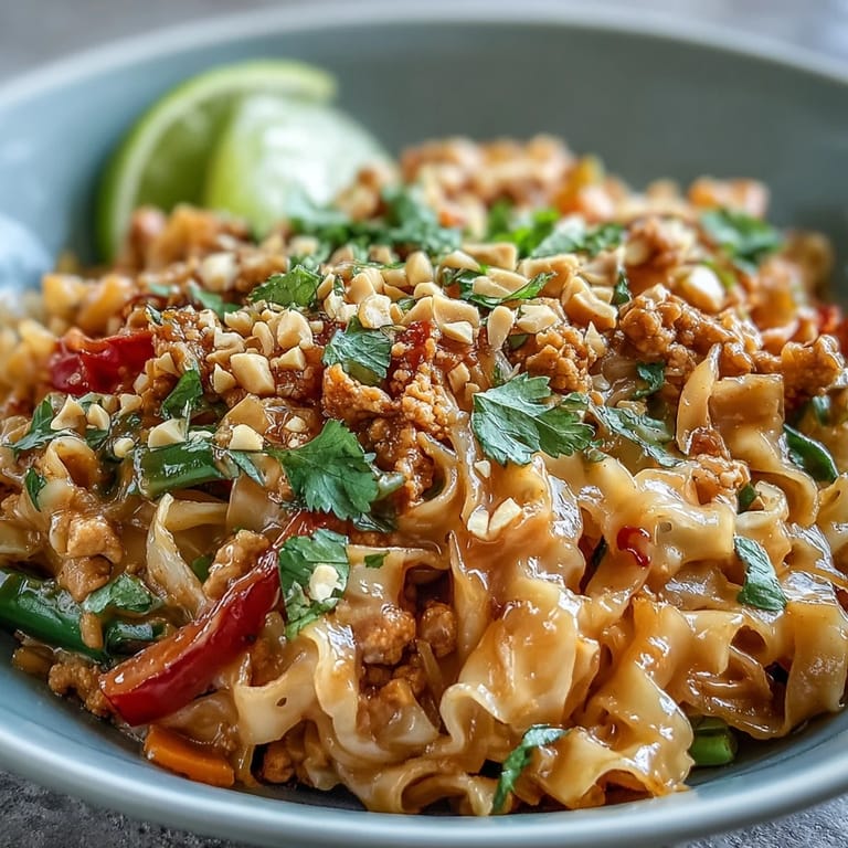 Saftiges Hühnchen und buntes Gemüse in Cremige Thai-inspirierte Erdnudel-Nudelschüsseln auf Teller.