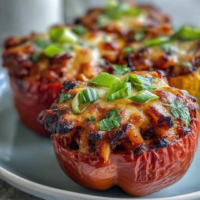 Frisch gebackene Baked Chili Mac Stuffed Peppers mit goldbrauner Käsekruste und Tomaten-Dip auf dem Teller.