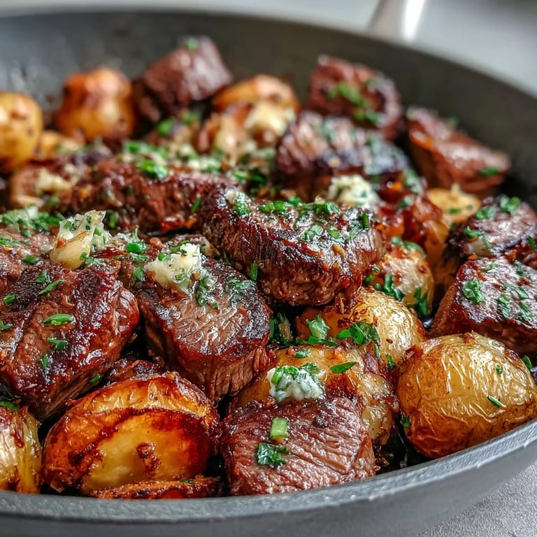 Eine rustikale Pfanne voller Garlic Butter Steak & Potato Skillet, gewürzt mit Knoblauch und Kräutern, direkt vom Herd.