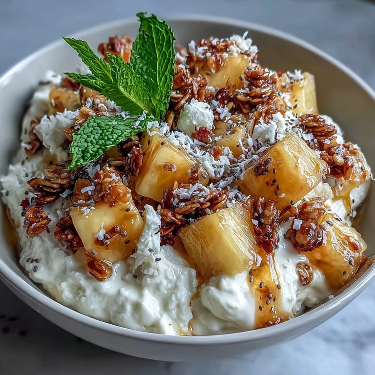 Healthy breakfast idea: Cottage Cheese Breakfast Bowl with Pineapple and Granola, served in a ceramic bowl with a wooden spoon.