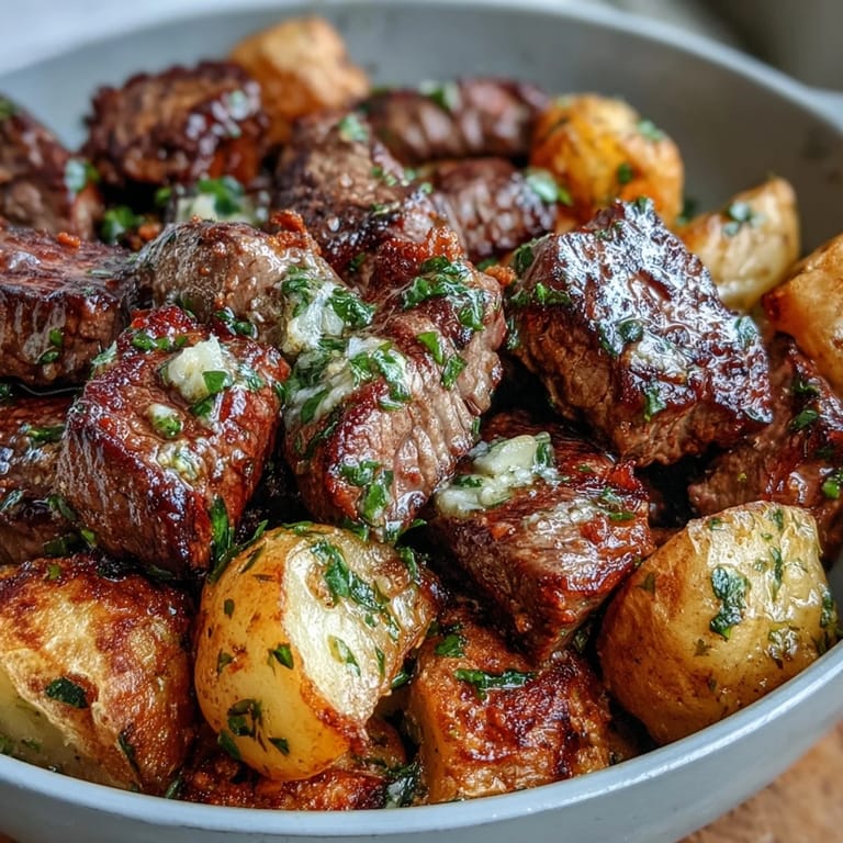Garlic Butter Steak & Potato Skillet mit saftigen Rindfleischwürfeln und goldbraunen Babykartoffeln, perfekt für ein Abendessen.