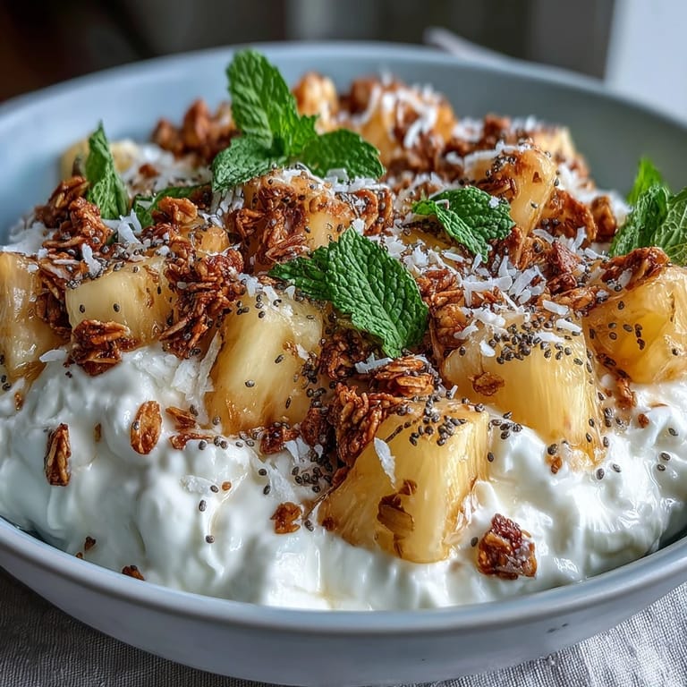 Vivid tropical pineapple chunks and crunchy granola layered over creamy cottage cheese in a rustic Cottage Cheese Breakfast Bowl with Pineapple and Granola. 