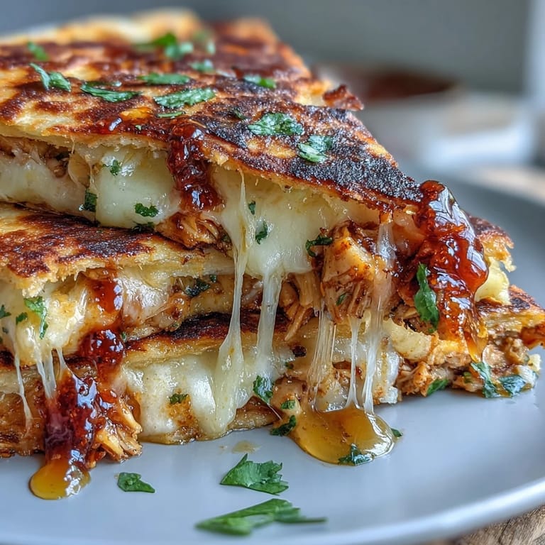 Goldbraune BBQ-Hähnchen-Quesadillas mit scharfem Honig und sautierten Zwiebeln.  