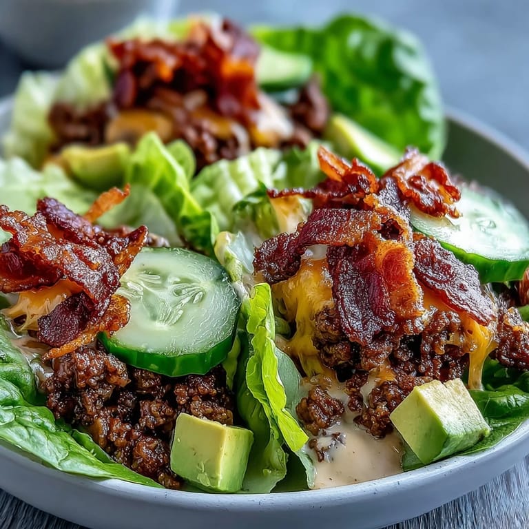 Ein herzhafter Low-Carb-Salat mit allen Aromen eines klassischen Bacon-Käseburgers: knackiger Salat, geschmolzener Käse und sahnige Avocado.