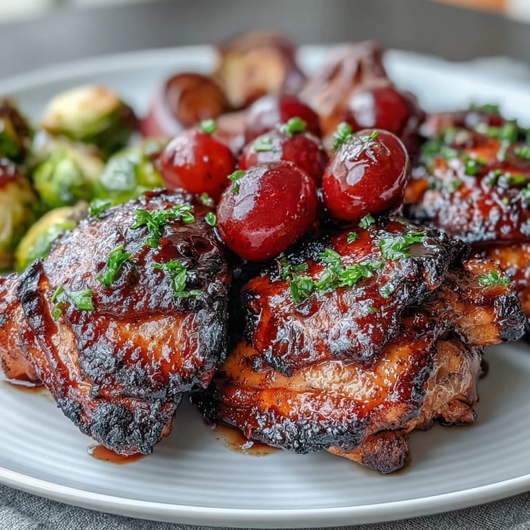 Ein aromatisches Ein-Topf-Essen mit saftigem Hähnchen, süßen Trauben und knusprigem Rosenkohl.  
