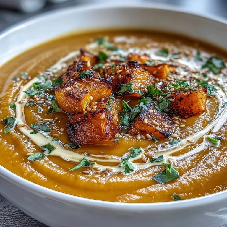 2. Nahrhafte, vegetarische Suppe mit Butternusskürbis, Ingwer und Miso, garniert mit Kokoscreme und Schnittlauch für extra Geschmack.  