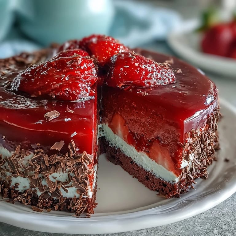 Zarter Erdbeermousse-Kuchen mit frischen Erdbeeren und zarter Biskuitmasse für den Valentinstag.