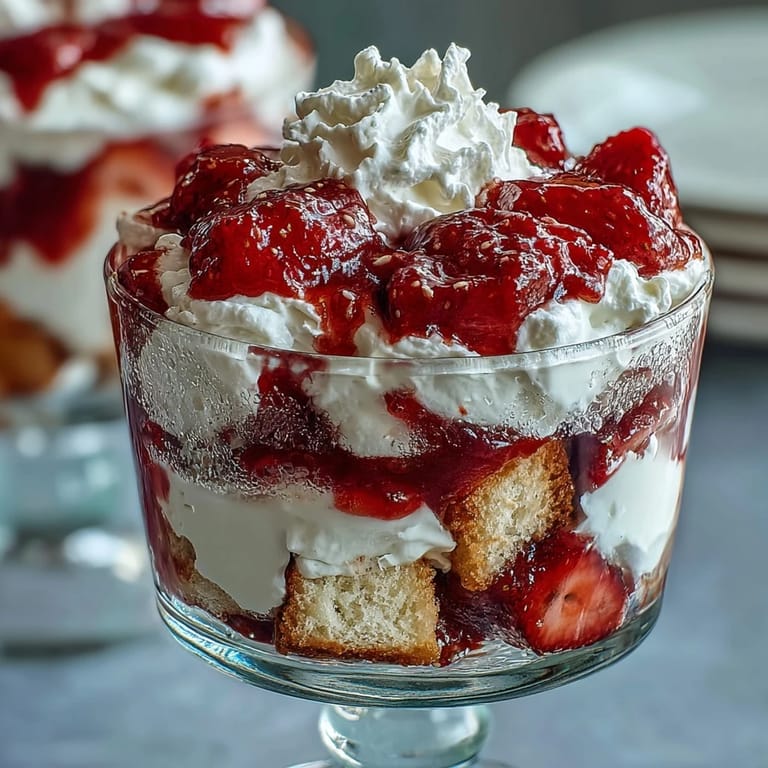 1. Verführerisches Galentines Erdbeer-Shortcake-Trifle mit frischen Erdbeeren, luftigem Schlagsahne und goldgelbem Shortcake, perfekt zum Teilen mit Freundinnen.