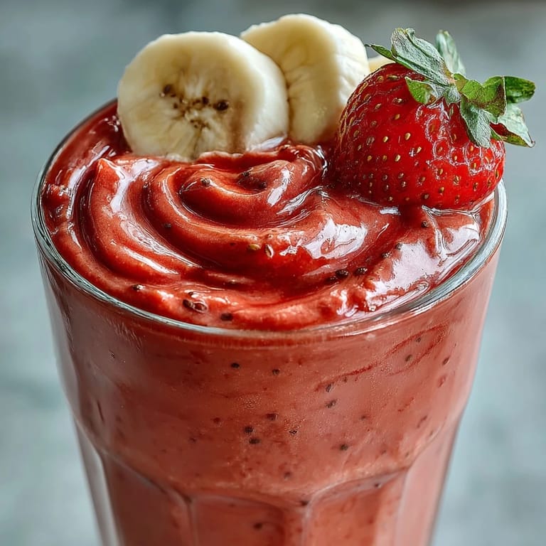 2. Cremiger Erdbeer-Bananen-Smoothie mit Vanille-Proteinpulver und Chiasamen – ein gesunder, energiegeladener Genuss.  