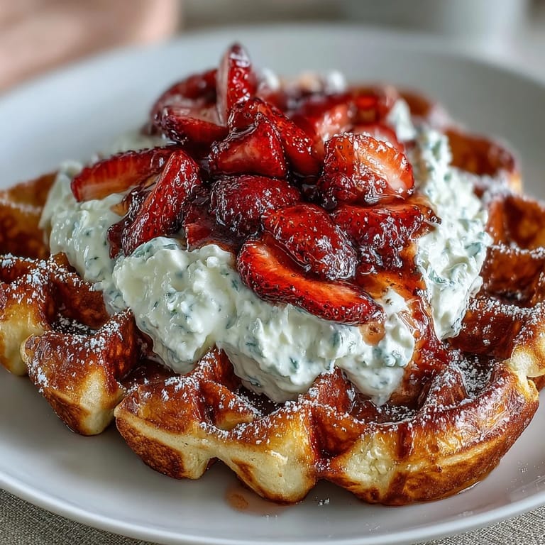 Herzförmige Waffeln mit goldener Kruste, garniert mit einer luftigen Hüttenkäse-Sahne und süßen Erdbeeren—ein perfekter Start in den Tag.