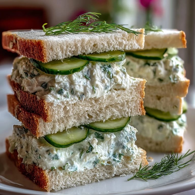 3. Kühle Gurken-Dill-Aufstrich-Sandwiches mit weichem Brot, garniert mit frischem Dill und Gurkenscheiben.