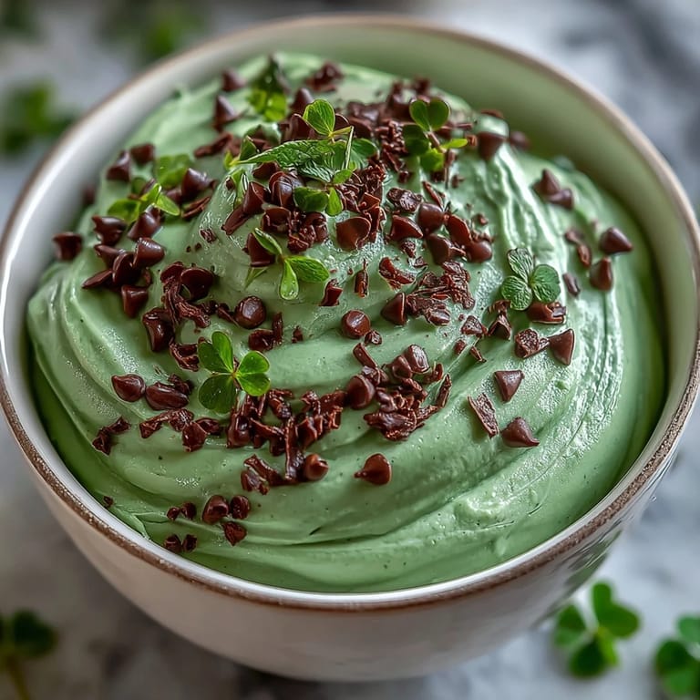 1. Cremiger Minz-Schokoladen-Chip-Dip mit grüner Farbe und Schokostückchen, perfekt für St. Patrick's Day Feiern.