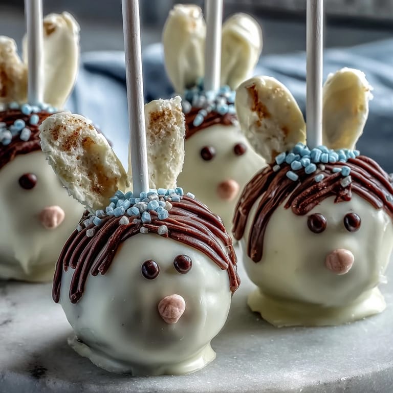Oster-Häschen Cake Pops mit cremiger weißer Schokoladenglasur, perfekt für festliche Frühlings-Tafeln.