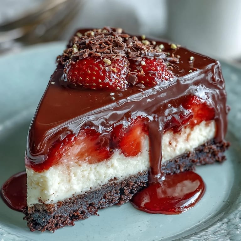 Schichtweise Schokoladen-Biskuit-Böden mit cremiger Cheesecake-Masse und Erdbeer-Topping.