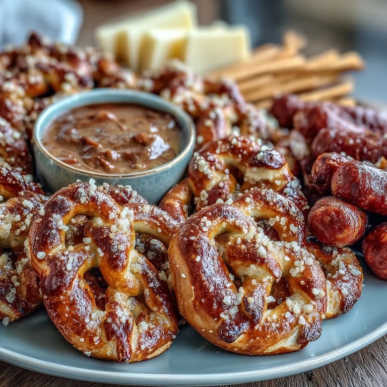 Klassischer Spieltag-Snack-Board mit weichen Brezeln, knusprigen Dips und farbenfrohen Beilagen.