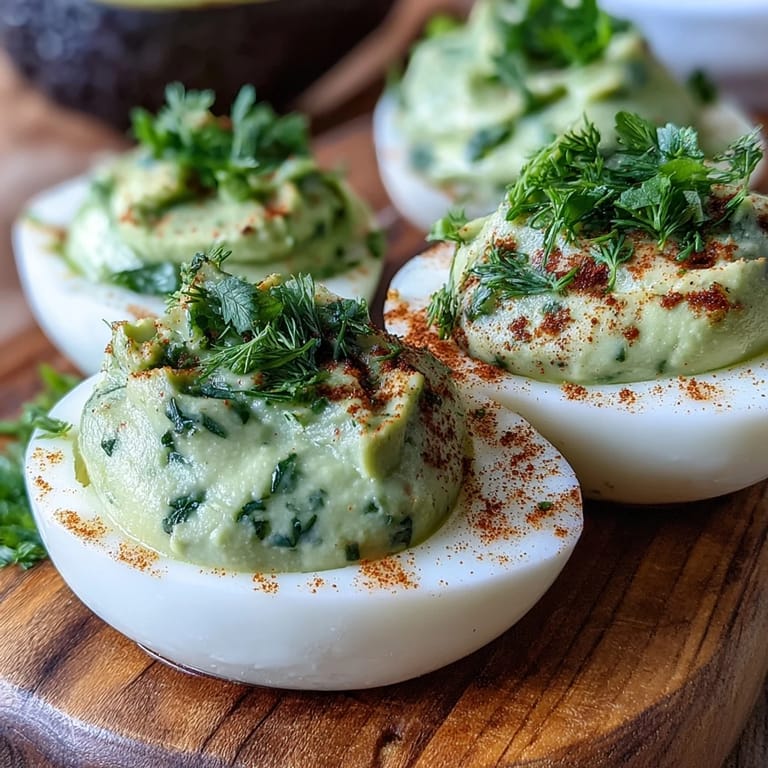 Frühlingsfrische Avocado-Teufelseier mit Schnittlauch und Dill, serviert auf einer bunten Partyplatte.