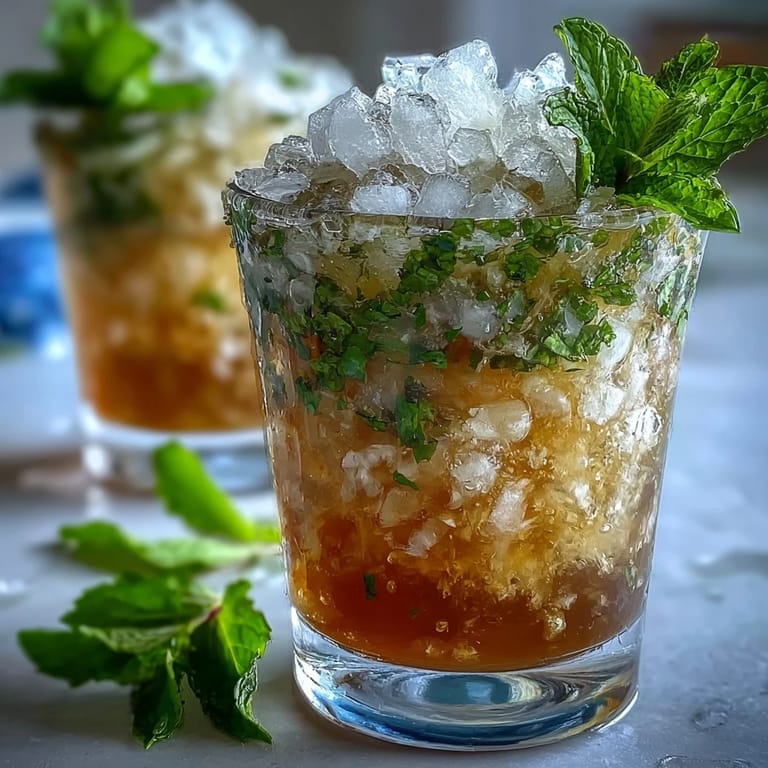 Ein kühler, alkoholfreier Mint Julep-Mocktail mit zerstoßenem Eis und sprudelndem Wasser, garniert mit frischen Minztrieben.