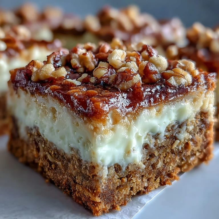 Saftige Karottenkuchen-Käsekuchen-Riegel mit goldener Kruste und marblierter Käsekuchenschicht.