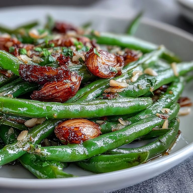 Knusprig gebratene grüne Bohnen mit aromatischem, karamellisiertem Knoblauch.