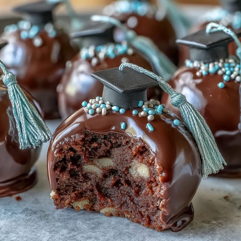 Festliche Kuchen-Pops in Schulfarben: Handgerollte Kuchenbällchen mit farbiger Schokoladenglasur und essbarem Glitzer für eine fröhliche Abschlussfeier.
