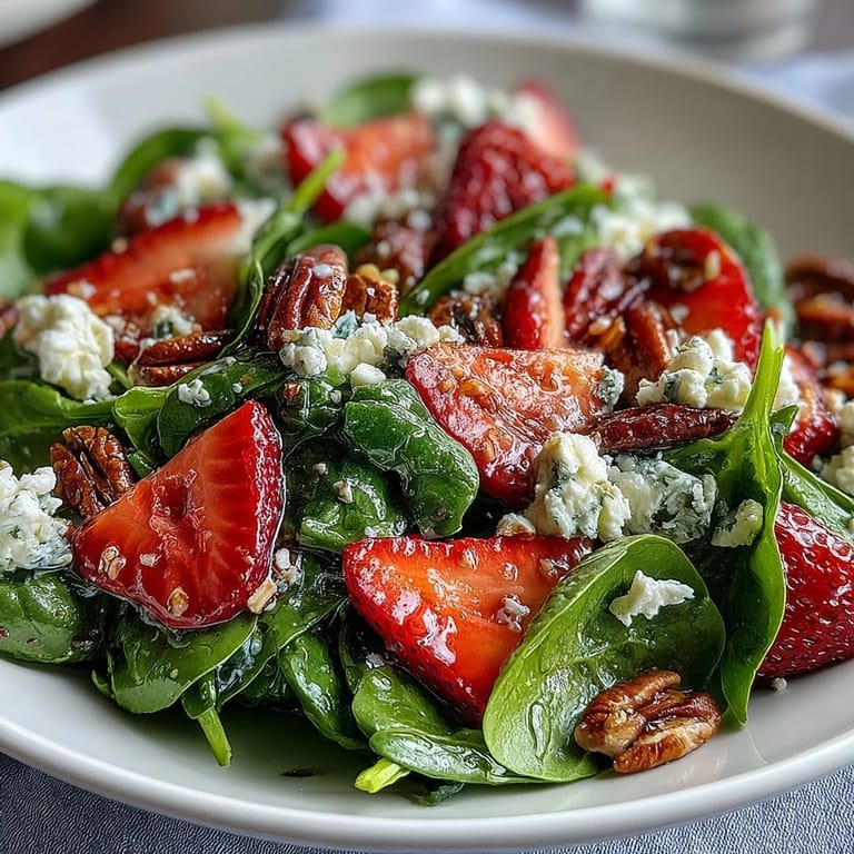 Erntefrischer Spinat-Salat mit süßen Erdbeeren, kandierten Nüssen und cremigem Ziegenkäse, übergossen mit säuerlichem Balsamico-Dressing. Perfekt für einen leichten Lunch.
