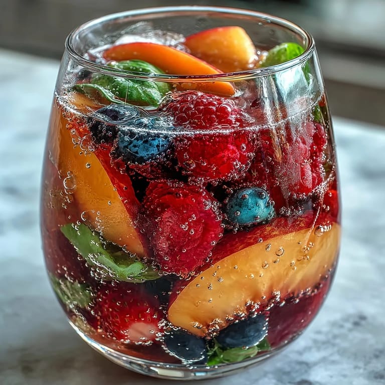 Fruchtiger Sommer Sangria Mocktail mit Pfirsich und Beeren, in einem Glas serviert.