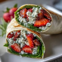 1. Frische Erdbeer-Spinat-Wraps mit Ziegenkäsekrümeln, gefüllt mit bunten Gemüsesorten und Balsamico-Glasur.