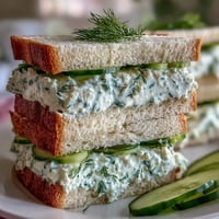 1. Frisch belegte Derby Party Benedictine Tea Sandwiches mit cremiger Gurken-Dill-Füllung und zarten Brotscheiben.  