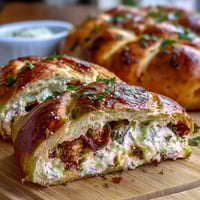 Goldbraune italienische Osterkuchen mit cremiger Ricotta-Füllung und würzigem Salami, serviert auf einer rustikalen Holzplatte.