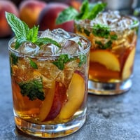 Erfrischender Mango-Pfirsich-Eistee mit frischer Minze, perfekt für den Sommer.