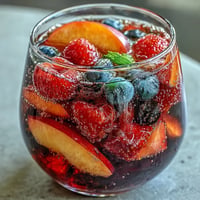 Sommer Sangria Mocktail mit Pfirsich und Beeren, eisgekühlt und fruchtig.